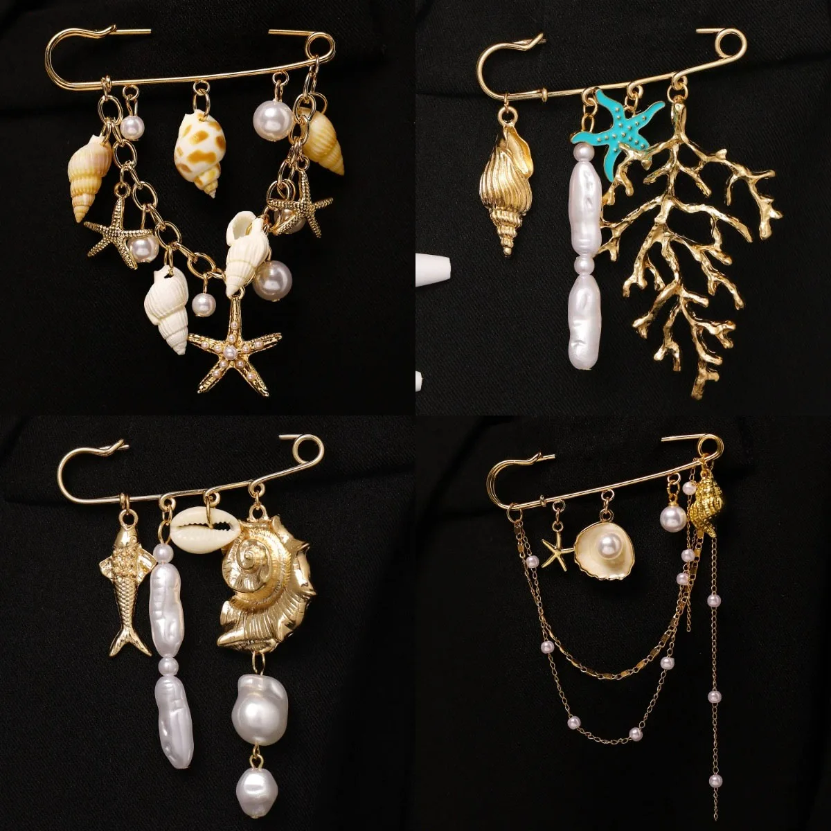 Summer Vacation Style Conch Starfish Imitating Pearls Tassel Chain Brooches for Women Fixed Clothes Suits Safety Pin Jewelry