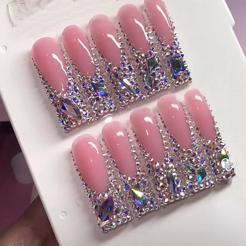 

Handmade Pink Bling Bling XXL Long Square French Press On Nails Long Stiletto False Nail Reusable Fake Nail With Glue Party Gift