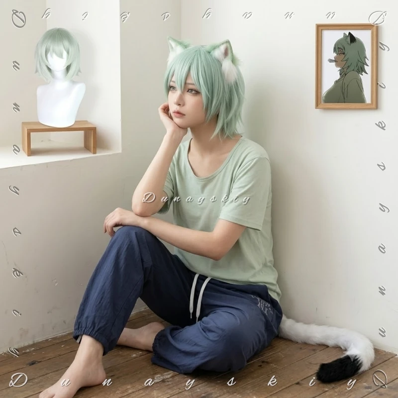 Disfraz de Sato Yaniko Chainsmoker, Orejas y Cola de Gato Verdes Peludas, Peluca, Zapatos, Conjunto Completo de Cosplay, Personaje de Anime Yani Neko, Disfraz de Halloween