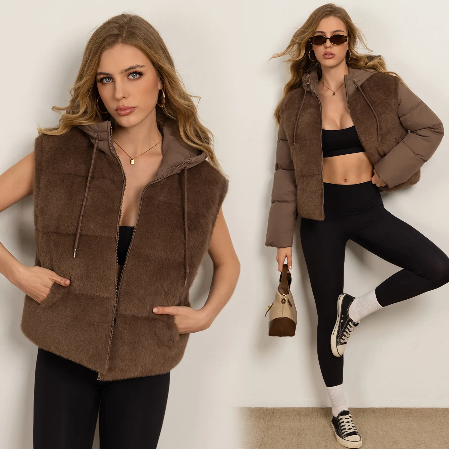 2026 Winter New Faux Mink Fur Hooded Vest Zipper Sleeveless Drawstring Waist Outerwear Fluffy Waistcoat For Women