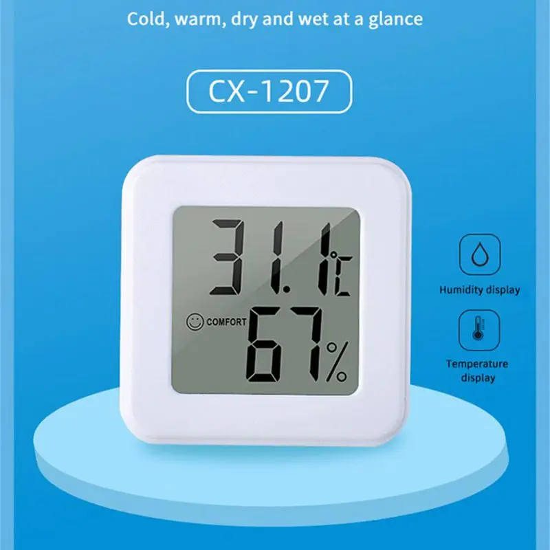 Weißes elektronisches Mini-Temperatur- und Luftfeuchtigkeitsmessgerät, Auto-Thermometer mit lächelndem Gesicht, Display, Kühlschrank-Thermometer