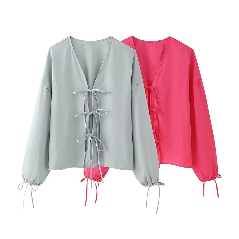 

Летний новый продукт, женская мода, универсальная однотонная рубашка с v-образным вырезом и длинными рукавами, украшенная бантом, топ