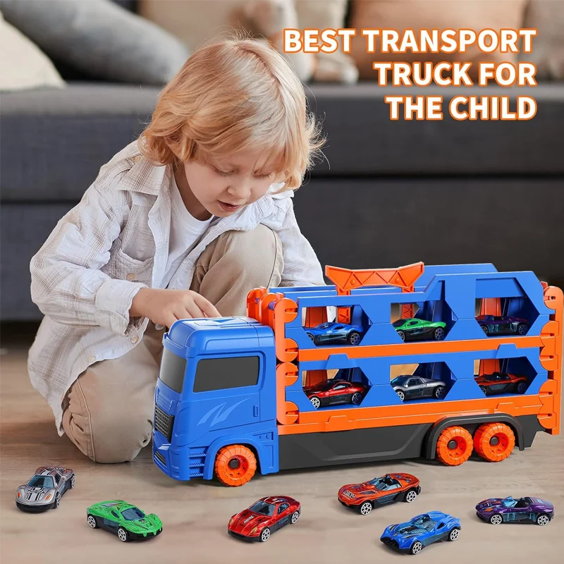 New Transport Truck Toy 65 Inch Foldable Car Carrier For Toddlers Kids Boys Girls Race Track Gift Vehicle For Preschool Playroom