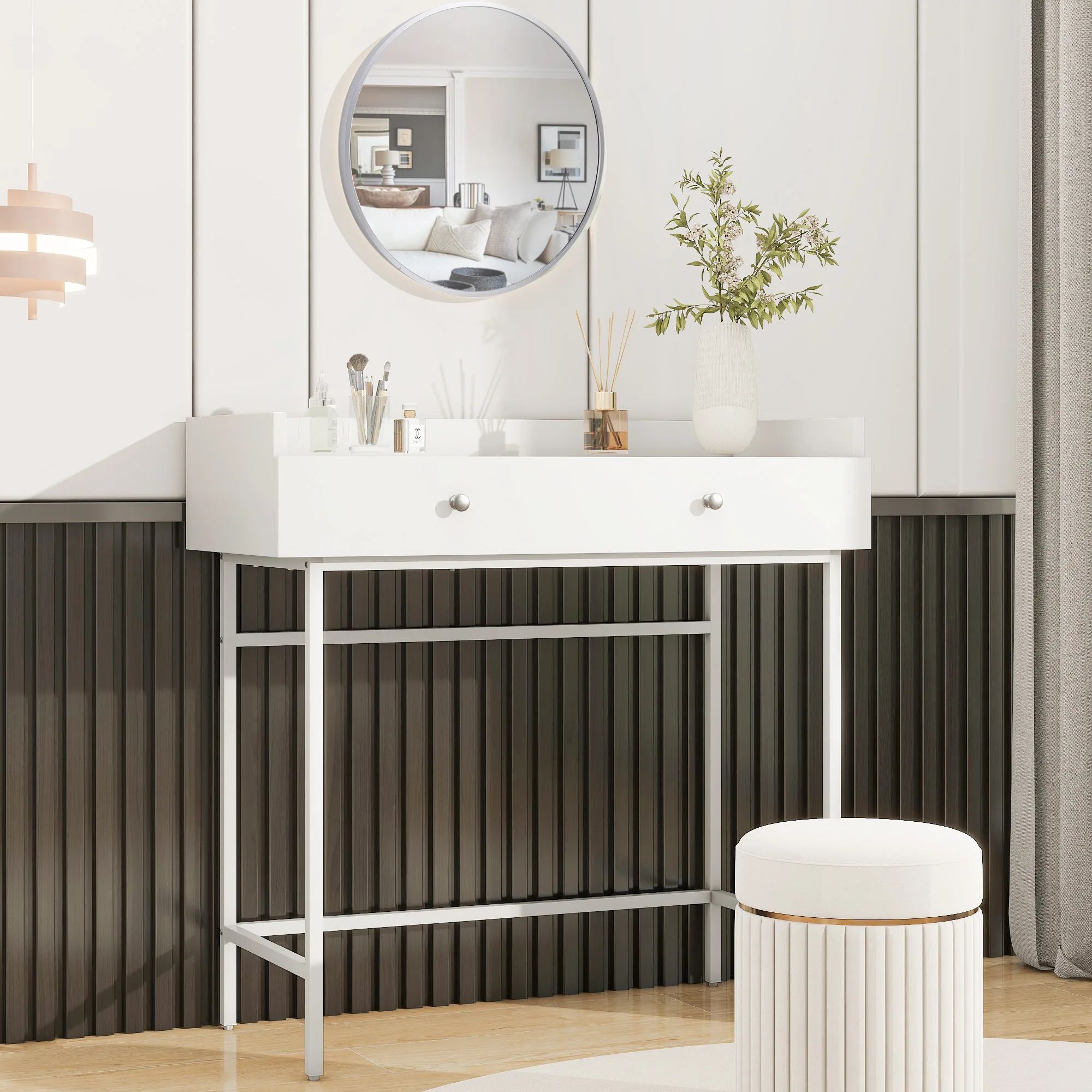 VSOGA dressing table, mirror and 1 drawer, 4 metal legs, 95x40x93 cm, minimalist style, White