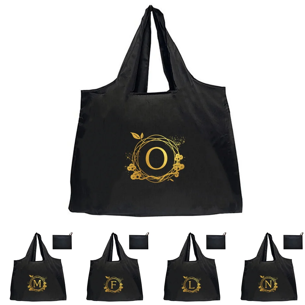 Shopping Folding Pouch Handbags Picnic Storage Bag Large-Capacity for Travel Grocery Tote Beach Bag Golden Wreath and Letters