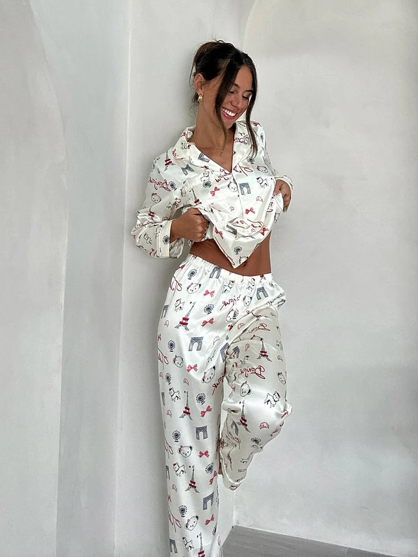 

Marthaqiqi Winter Ladies Nightwear Suit Long Sleeve Sleepwear Turn-Down Collar Pajama Pants Printing Female Nightgown Set Casual