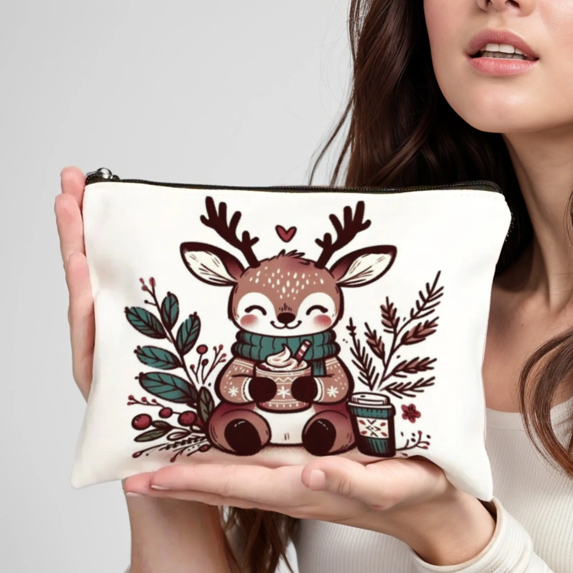 حقيبة مكياج شتوية لطيفة على شكل غزال، سترة مريحة مطبوعة بسحاب، حقيبة خفيفة الوزن للسفر، منظم مستحضرات التجميل، حقيبة أدوات الزينة الحيوانية الرائعة