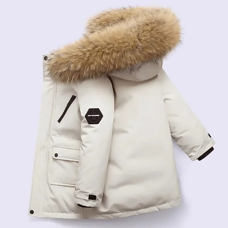 Winter Boys Down Coats Children Thickened Large Fur Collar Cotton Jackets New Kids Warm Hooded Outerwear Teenager Padded Clothes