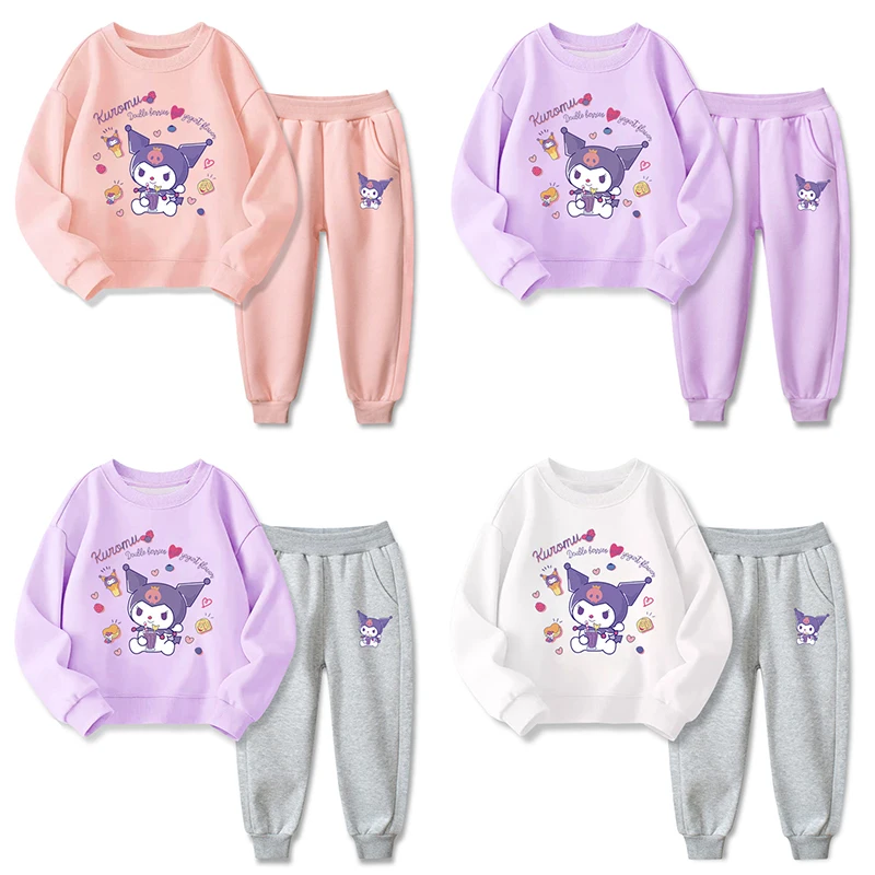 

Детский спортивный костюм Sanrio Kuromi, теплый пуловер с капюшоном и штаны для девочек и мальчиков, спортивная одежда, зима-весна
