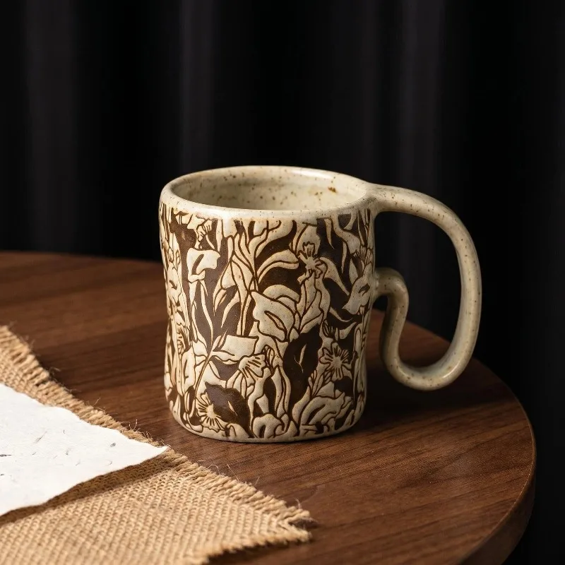 Wabi Sabi Style Kiln Turned Flower Mug Ceramic Relief Coffee Cup Afternoon Tea Cup Couple Water Cup