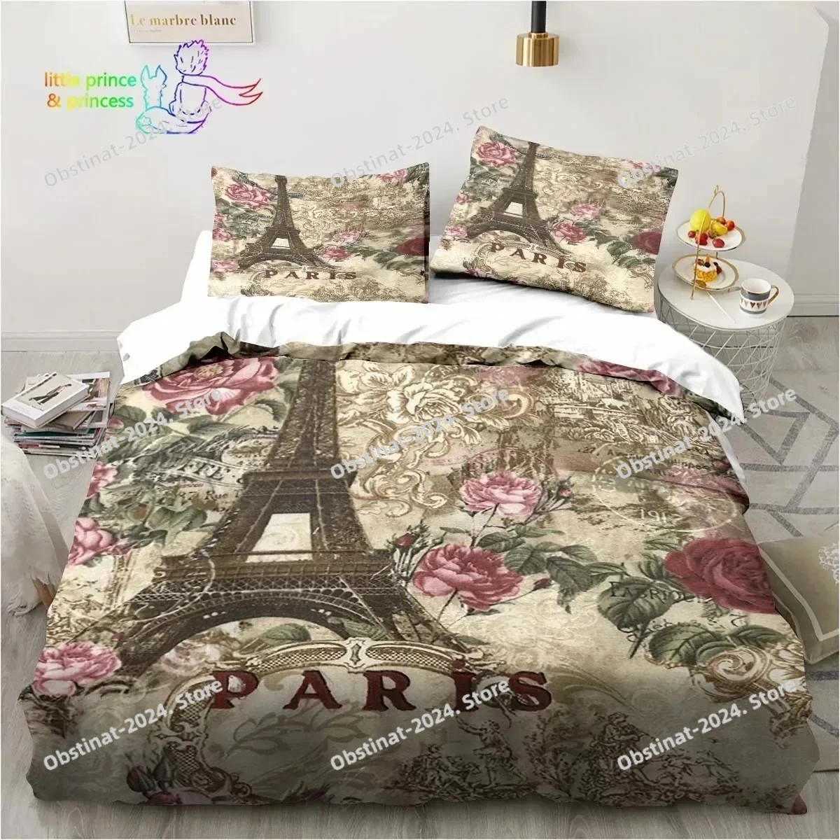

Vintage Paris Eiffel Tower Bedding Set Single Twin Full Queen King Size Bed Set Adult Kid Bedroom Romantic Flower Bedding Gift
