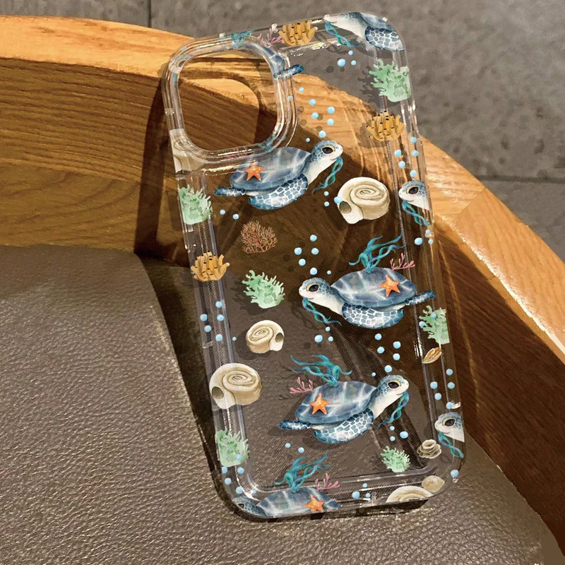 Cool Ocean Turtle Pattern Transparent Phone Case For iPhone 15 14 Pro Max 11 12 13 Pro 7 8 Plus X XR TPU Shock-Absorption Cover