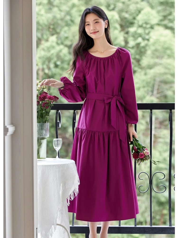 VIMLY Long Dresses 2025 Woman Autumn Elegant Party Pure Cotton Embroidered Hollow Out Dresses Round Neck A-line Lady Dress A2013