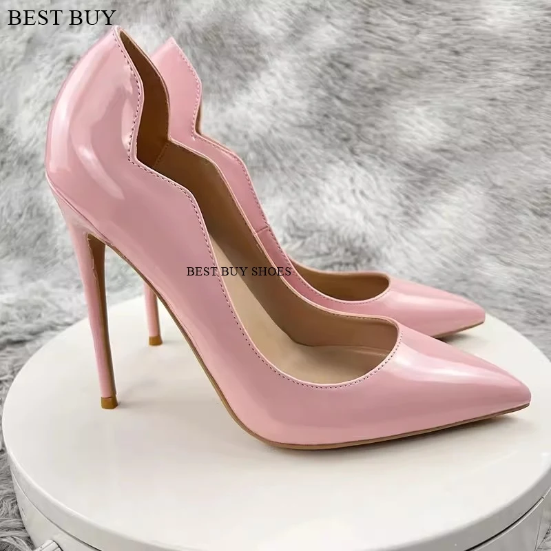 Sepatu pantofel hak tinggi 12cm Stiletto ujung lancip PU paten wanita atas kuning keriting sepatu gaun pesta wanita seksi pompa 12cm