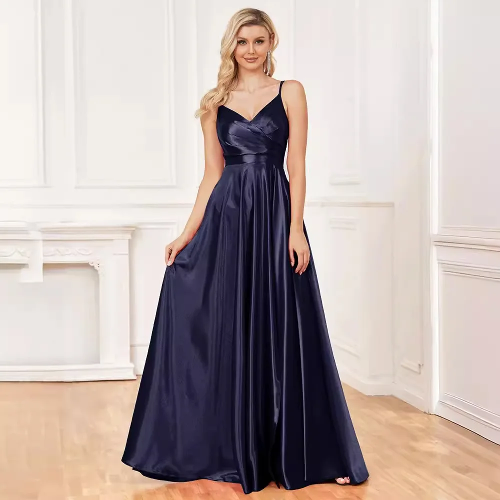 

V Neck Spaghetti Strap Twist Wrap Satin A Line Dress Navy Blue Floor Train Gala Cocktail Mother of Bride Gown