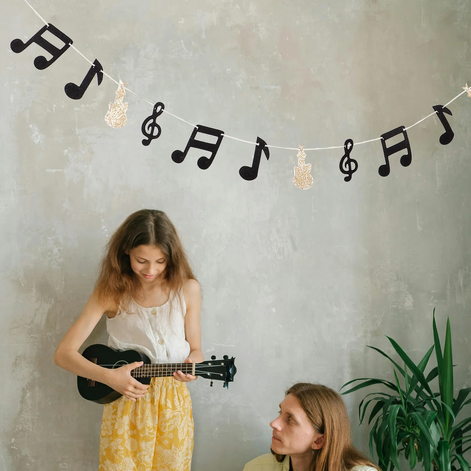 

Music Party Decorations Musical Note Guitar Backdrop Shiny Gold Sequin Banner for Birthday Rock Theme Enhancement Photo Prop DIY