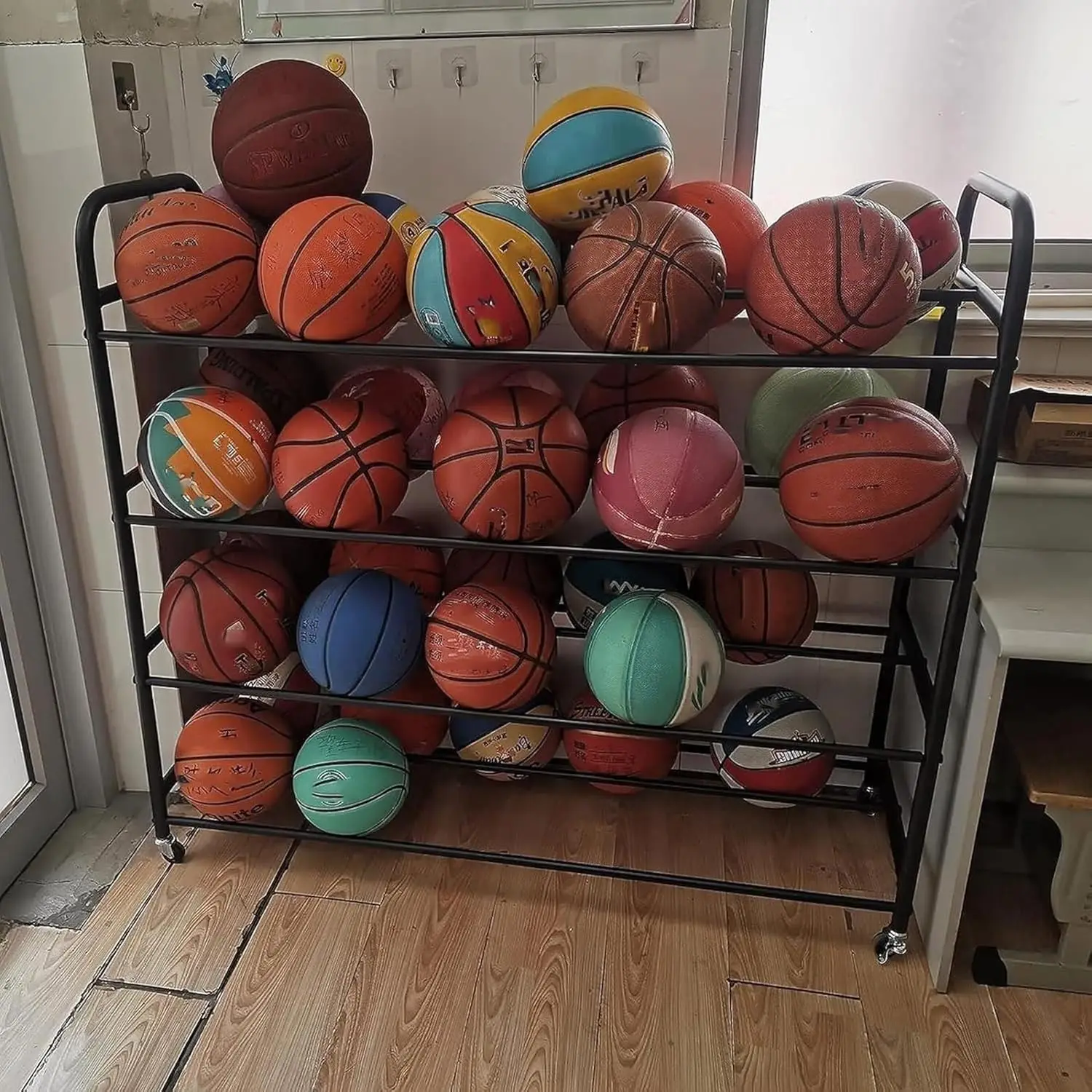 Sports Ball Organizer Holder Shelf 5 Tier Basketball Rack with Wheels Heavy Duty, Steel Ball Storage Rack Training Stand