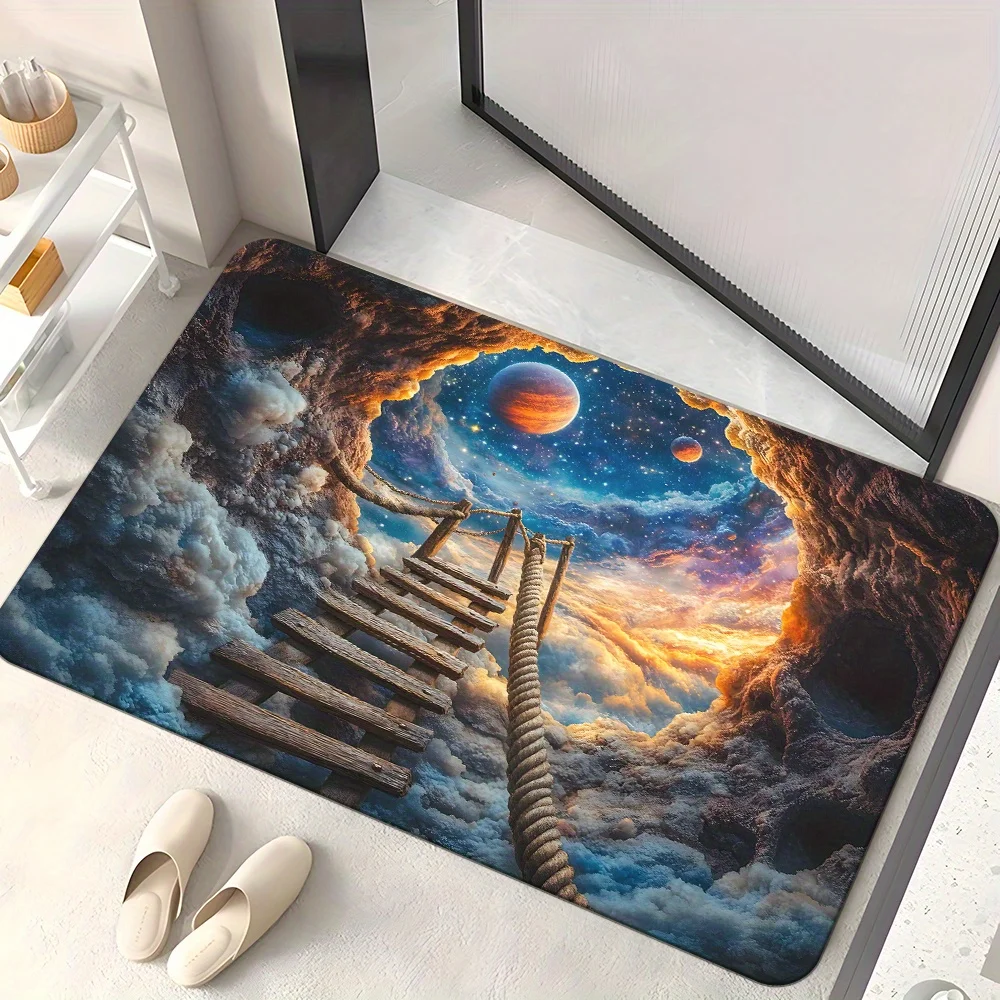 Fantasy Space Bridge Rug Flannel Soft Kids Carpet Dreamy Sky Print Playroom Decor Anti Slip Floor Mat