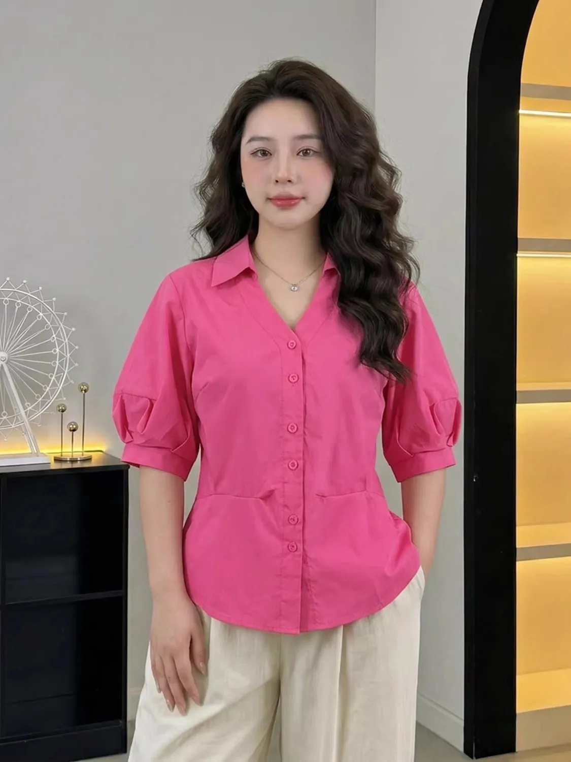 

Pink Collar Short Sleeve Shirt Women's Loose Fit Beautiful Summer New Style plus Size Slimming Korean Version Casual Shirt