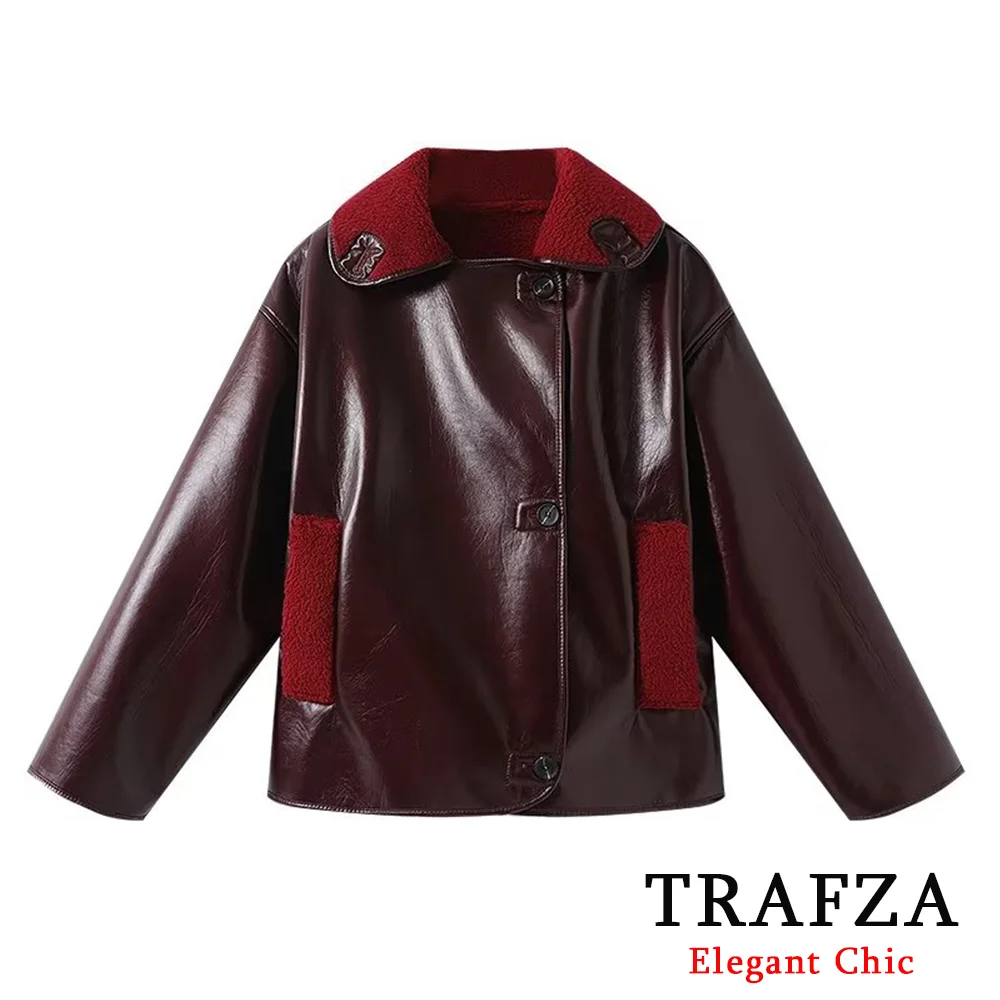 Trafza feminino outono inverno borgonha casaco de lapela vintage novo 2025 moda retro solto casaco de couro único breasted