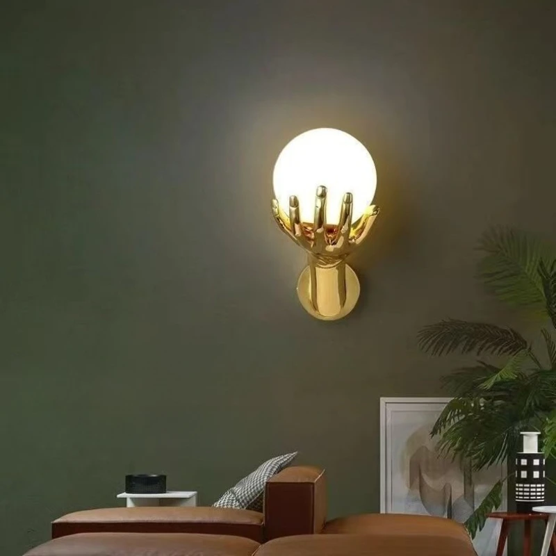 Designer Creative Resin Finger Wall Lamp Glass Ball Lighting Bedroom Bedside Aisle Living Room Corridor Personality Wall Sconces