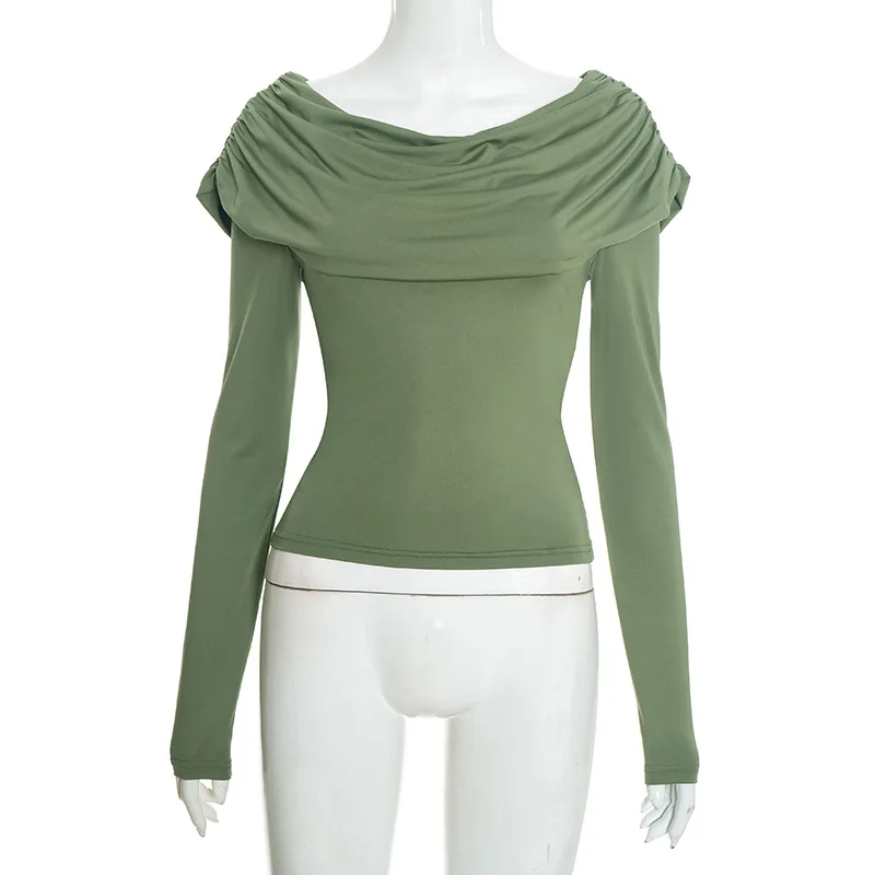 T-Shirt à manches longues et col rond profond pour femme, haut plié de couleur Pure, tissu Polyester, Style Sexy, nouvelle collection hiver 2025