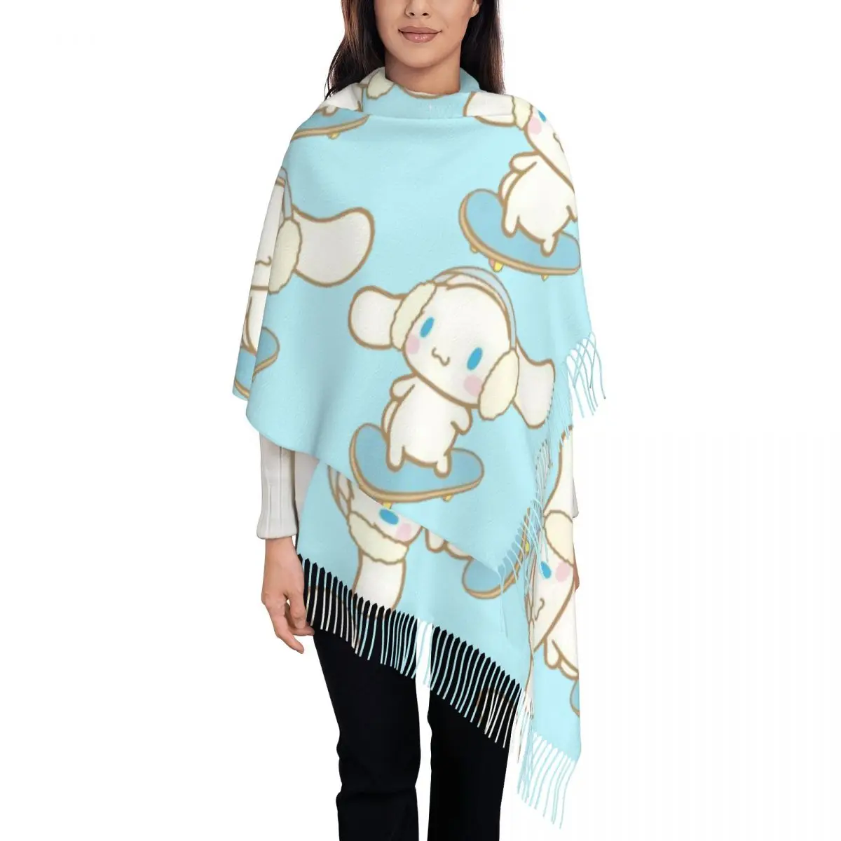 Custom Female Large Skating Cinnamoroll Scarves Women Winter Fall Thick Warm Tassel Shawl Wrap Scarf