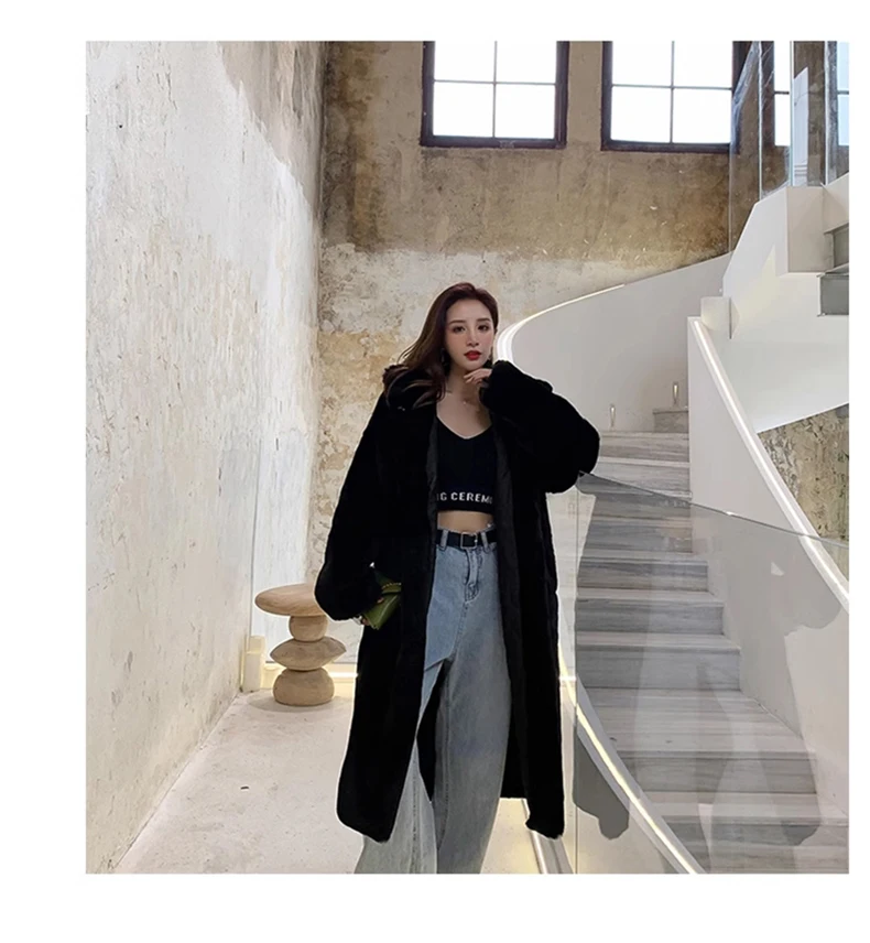 Lautaro Winter Long Loose Casual Windproof Soft Thick Warm Fluffy Green Black Faux Fur Coat Women with Hood Furry Overcoat 2023