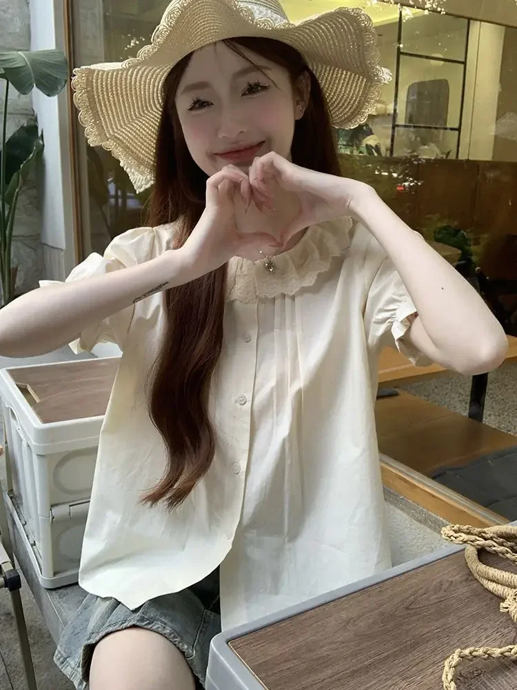 프레피 스타일 스윗 셔츠 여성 한국 레이스 플로럴 패치워크 블라우스 여름 귀여운 피터팬 칼라 캐주얼 올매치 여성 상의