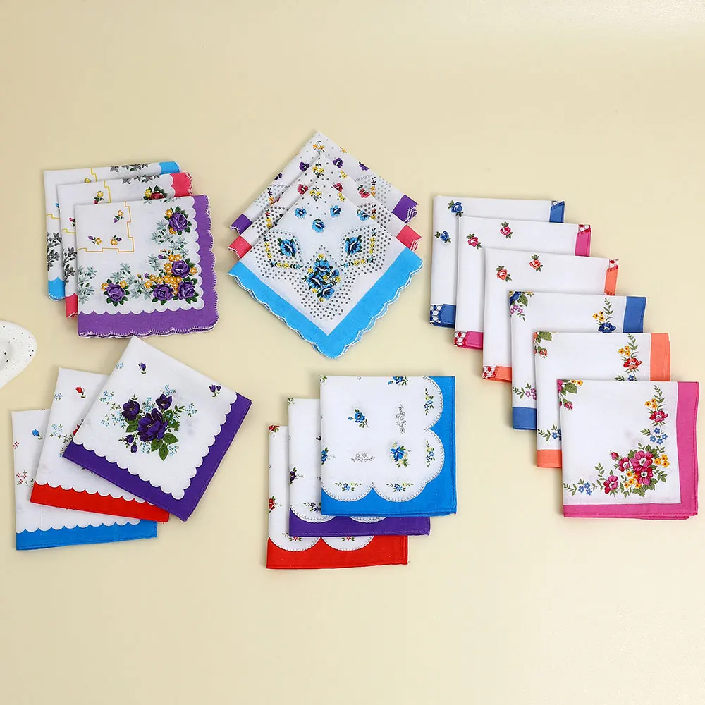 12 Pak saputangan katun murni wanita, sapu tangan katun murni, suvenir pernikahan pengantin dan ibu, handuk keringat untuk segala musim, bentuk bunga acak