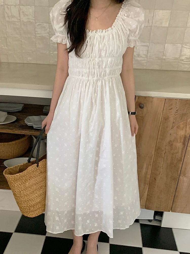 Franse Vaion Sle Dames Dr Zomer Zachte Personali Vierkante Kraag Geplooide Taille Afslankende Bubble Sve Lange Dr