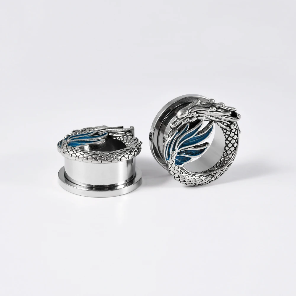 1-2 قطعة خمر الصينية التنين الأذن الأنفاق والمقابس المتوسع الوزن الأذن مقاييس نقالات القرط الفولاذ المقاوم للصدأ ثقب المجوهرات #3