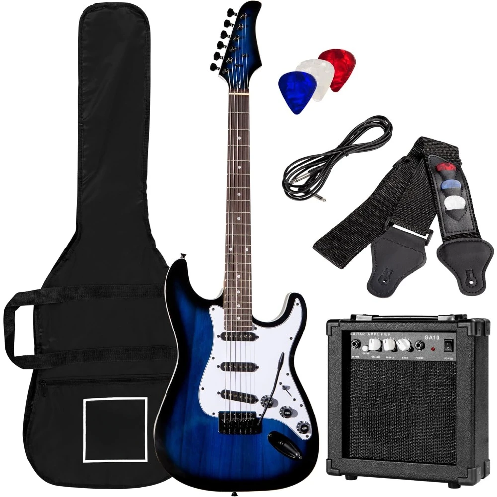 39in Full Size Beginner Electric Guitar Starter Kit w/Case, Strap, 10W Amp, Strings, Pick, Tremolo Bar - Hollywood Blue