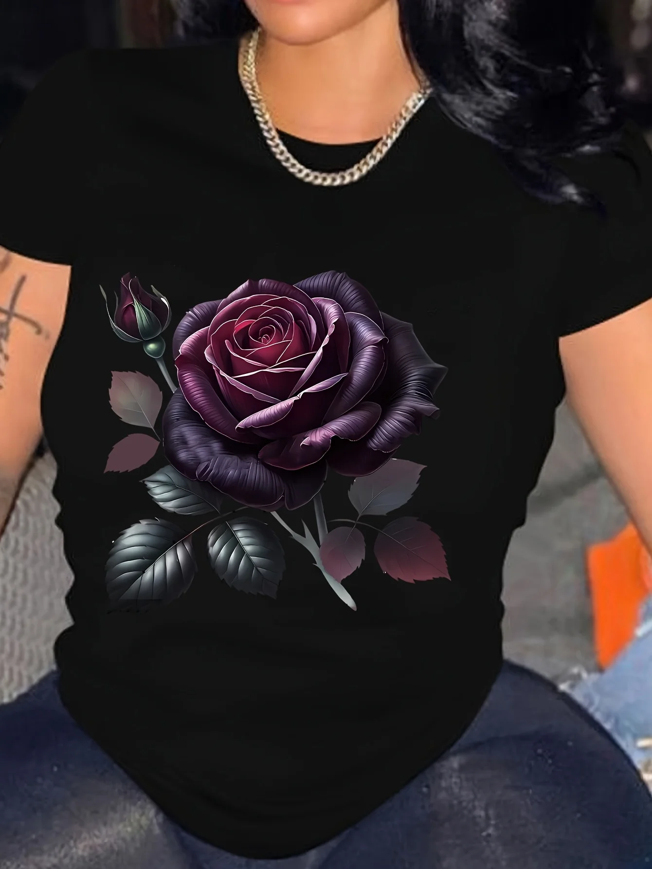 Women'S Casual Crew Neck T-Shirt, Polyester Blend, Knit Fabric, Regular Length, with Black Rose Graphic Print, for All Seasons