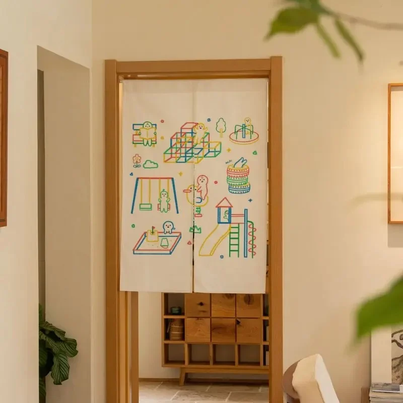 VIKAMA Cartoon Playground Noren Door Curtain Cute Doodle Amusement Park Print Fabric Curtain Kids Room Partition Decor