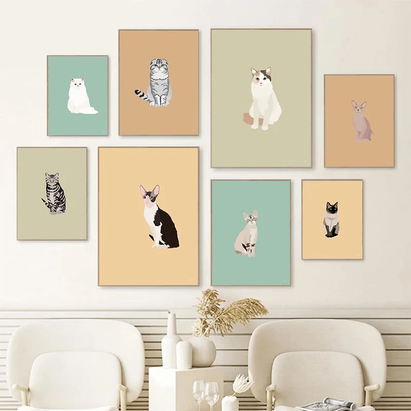 Nordic Cute Siamese Sphynx Turkish Angora Cats Illustrations Poster Canvas Painting Minimalist Kawaii Animal Wall Art Home Decor