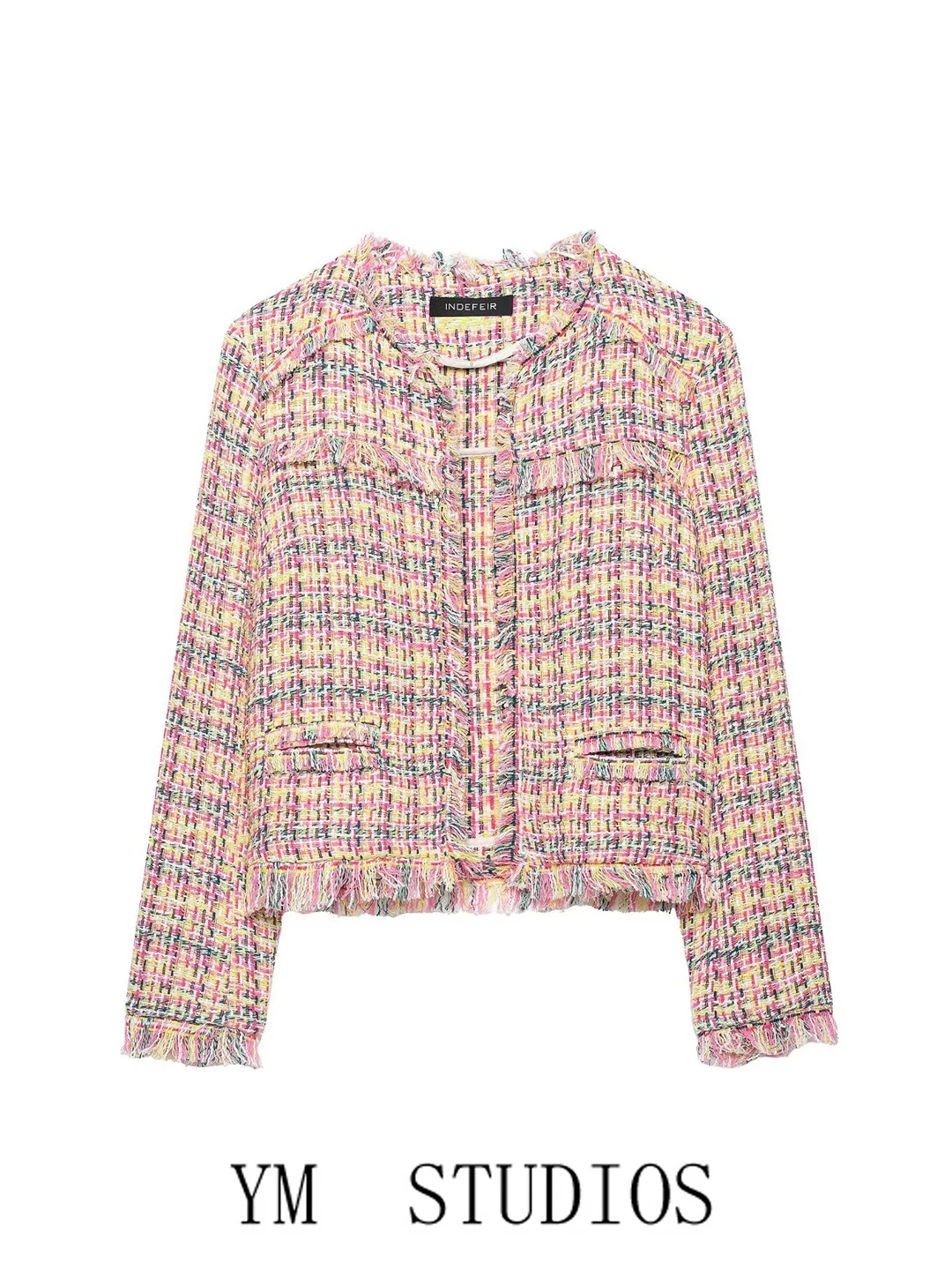 Short Bouclé Open Front round Neck Knitwear  Texture Tassel Women's Fashion Autumn 2026 Polyester Fiber 100% Coat