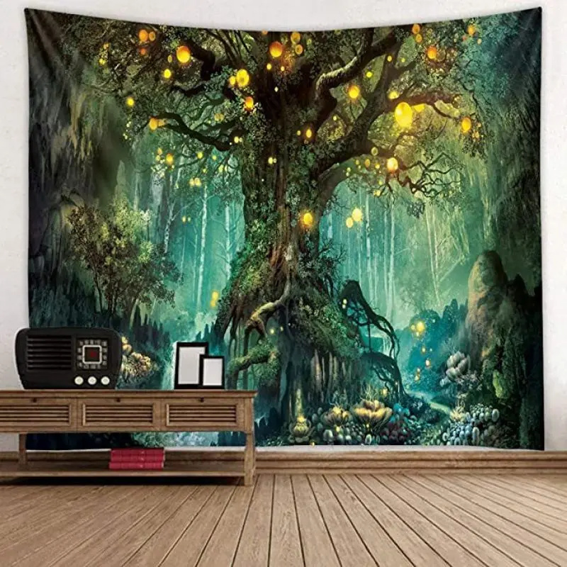 VIKAMA Fantasy Magic Ancient Tree Forest Tapestry, Fantasy Elf Forest Wall Hanging for Bedroom Living Room Decor