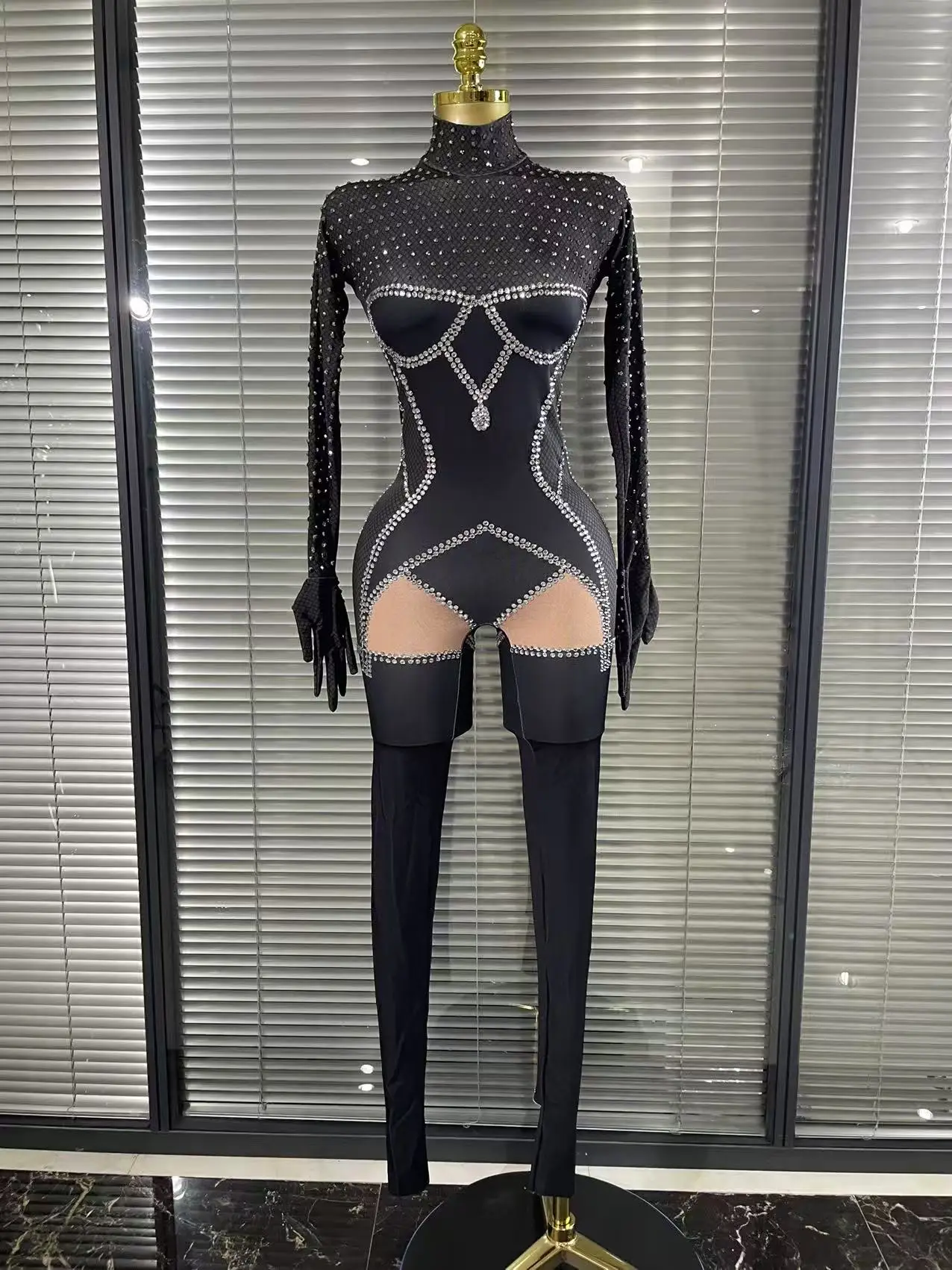 عالية تمتد المرأة طويلة الأكمام التسلق الماس Bodycon بذلة طويلة نادي ليلة بار راقصة أداء زي المرحلة ارتداء