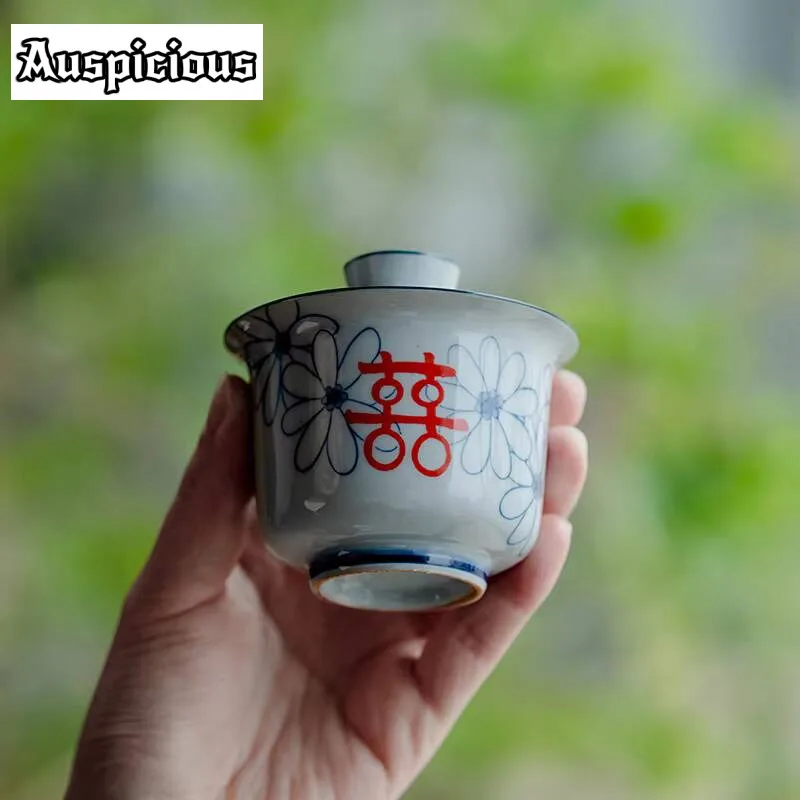 100ml Handwritten Double Happiness Ceramic Tea Tureen Tea Maker Covered Bowl Small Tea Bowl Chinese Gaiwan Kung Fu Tea Set Gifts