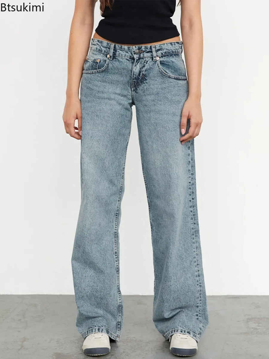 ผู้หญิงวินเทจความงาม Y2k Low Rise Baggy กางเกงยีนส์หลวม Fit กางเกงขากว้างตรงสําหรับผู้หญิงอินเทรนด์ยืดยาวกางเกงยีนส์