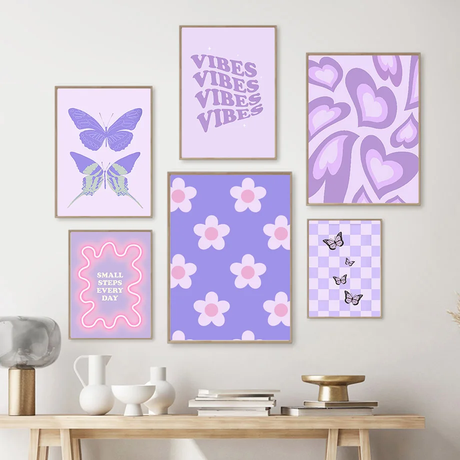 Frameless 1pc Danish Pastel Abstract Posters Print Y2K Aesthetics Butterfly Love Flower Wall Art Canvas Painting Modern Living R