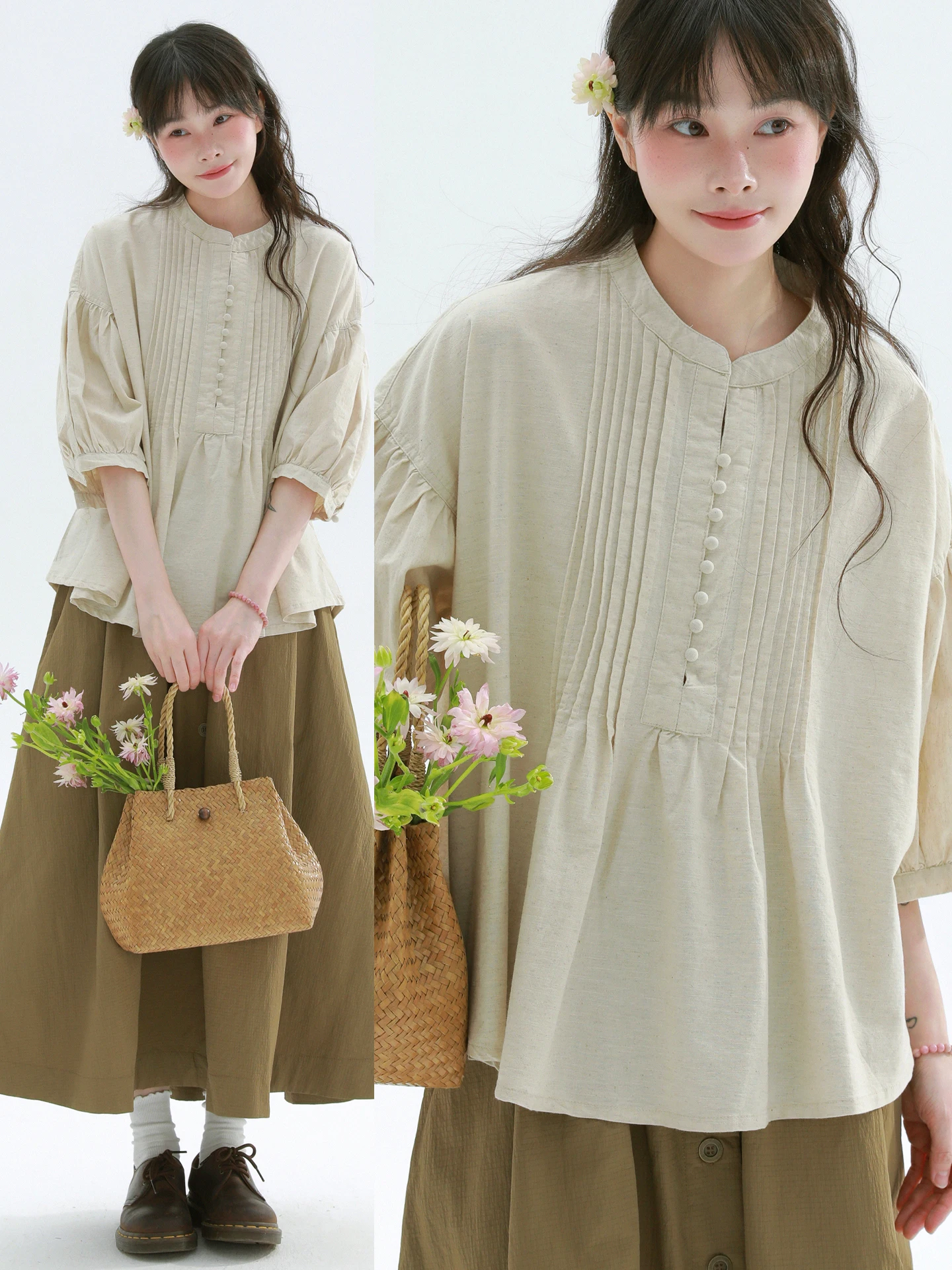 

Редкая винтажная блузка с плиссировкой в японском стиле, с коротким рукавом, свободного кроя, женская, повседневная, модная, весенняя, из хлопка