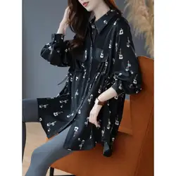 Vintage Printed Lapel Shirring Asymmetrical Shirts Women's Clothing 2024 Spring New Loose Korean Tops Casual Blouses