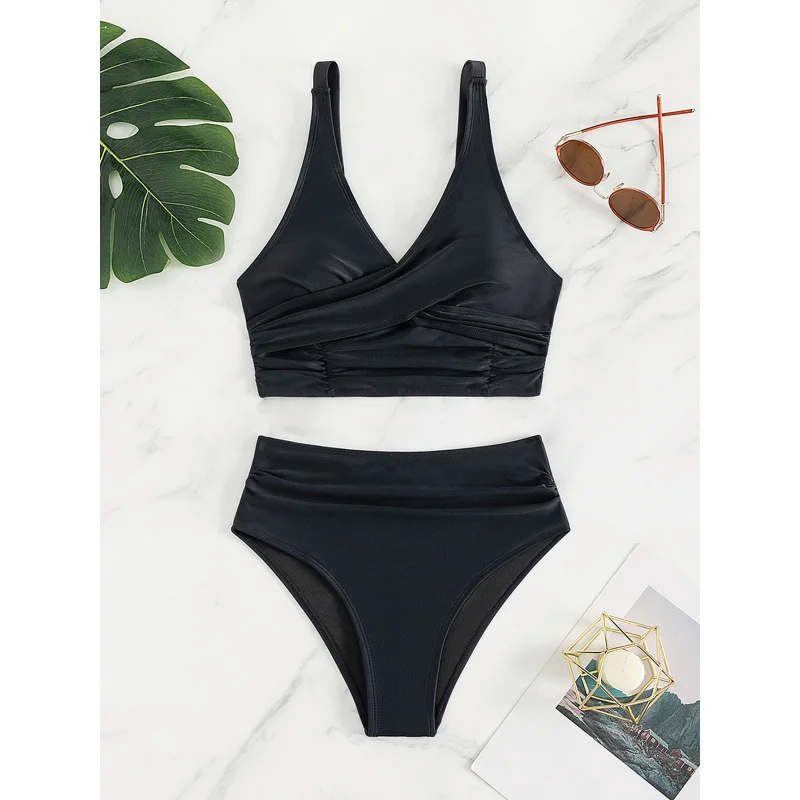 Women's New SwimsuitbikiniSolid Color Backless High-Waisted Sexy Bikini Two-Piece Swimsuit