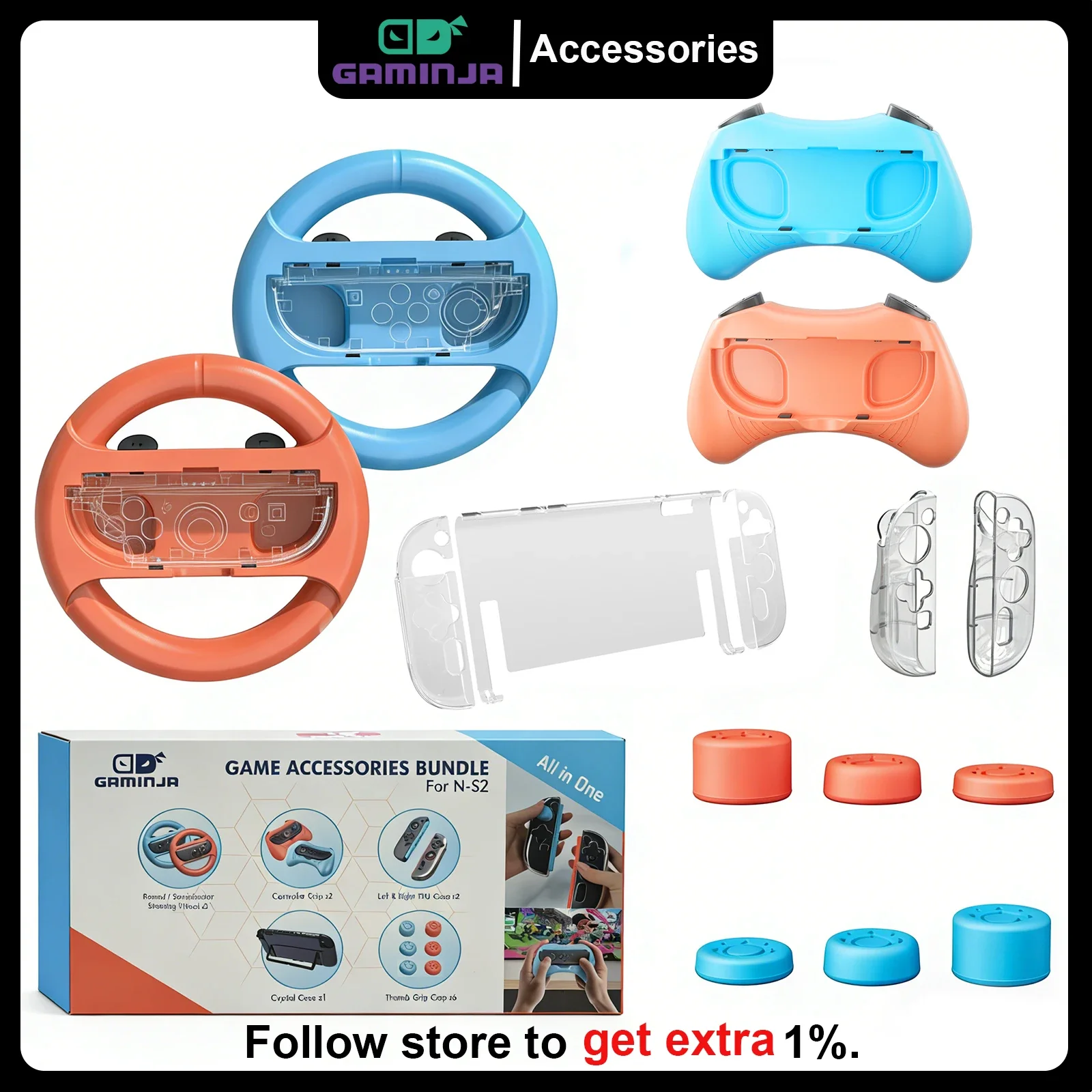 GAMINJA 13-in-1 Game Accessories Kit for Ns Switch 2 Joy-Con Steering Wheel Controller Grip Crystal Case