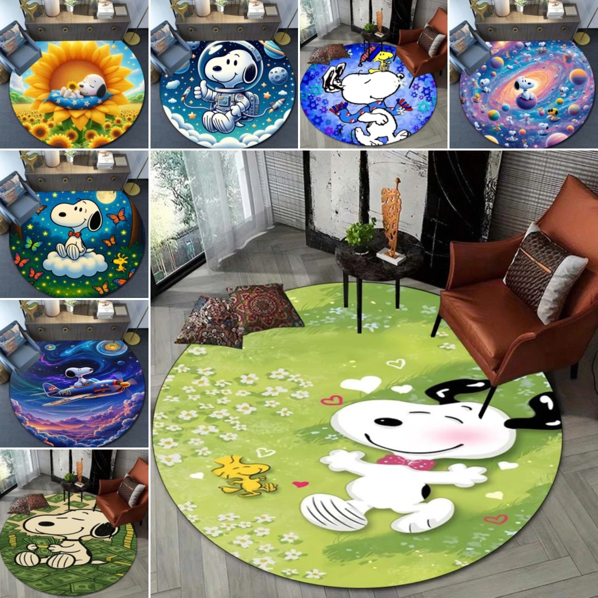 Multiple sizesCute cartoon Snoopy round multi-functional rug - living room, bedroom, and kitchen decoration - non-slip table mat
