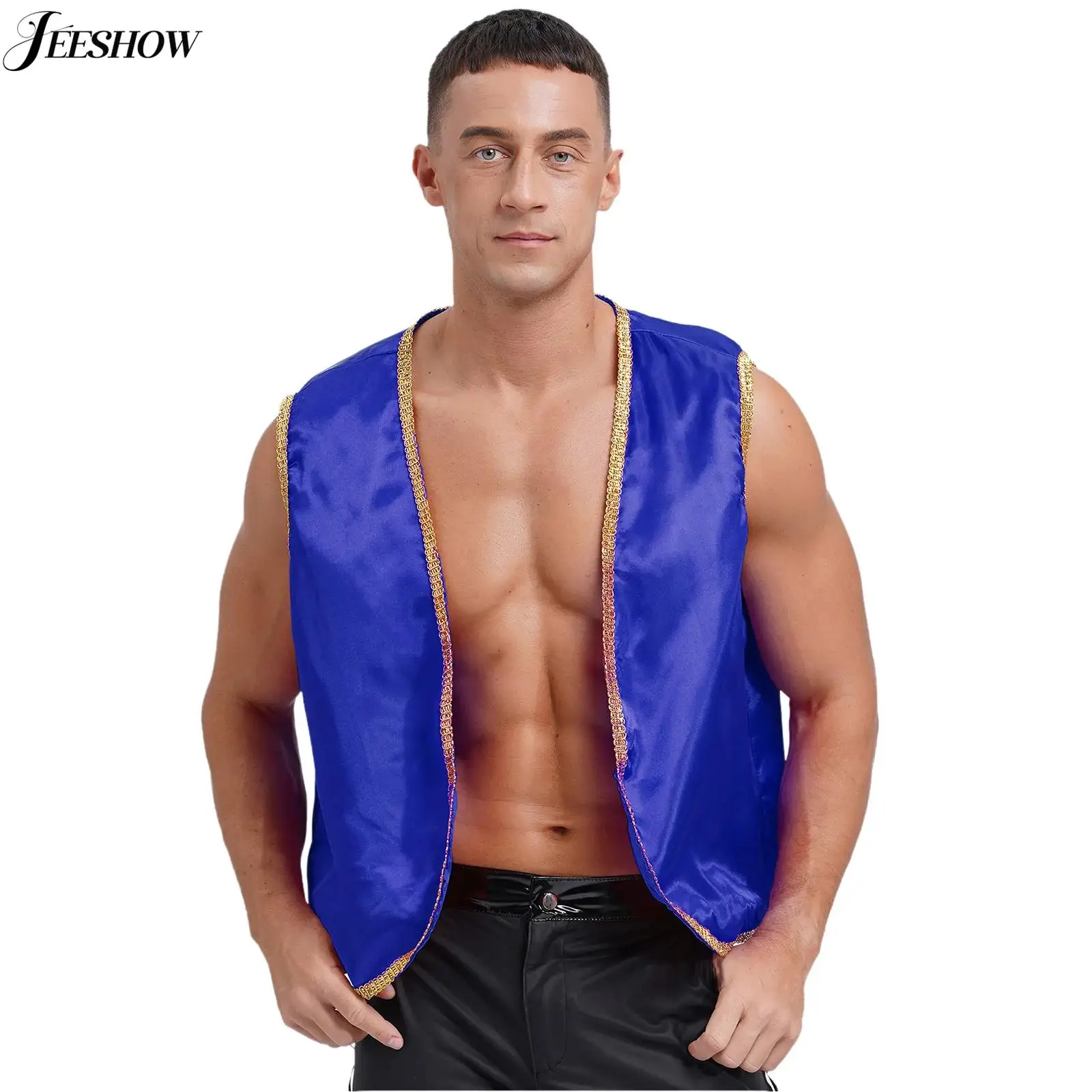 Herren arabischen Prinzen Satin Weste Halloween Kostüm Wüste Prinz Cosplay Gold Trim offene Front Weste Märchen Kostüm