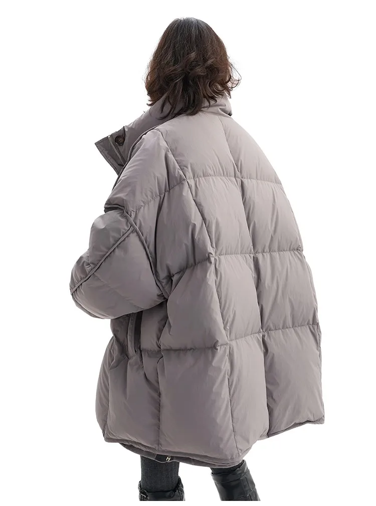 Women's Mid-Length Oversized down Jacket with Stand Collar, Warm Oversized Jacket Filled with White Duck Down, New Winter 2025 Model