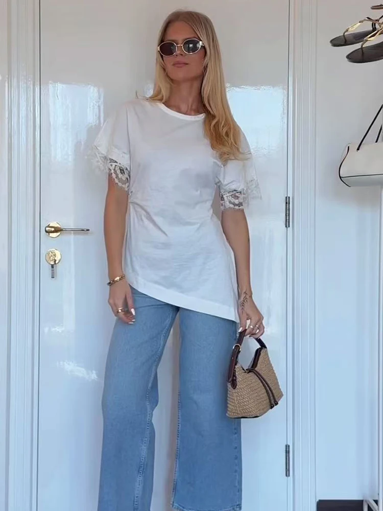 Fashion Lace T-Shirt for Women 2026 Summer Casual Spliced Splice Short Sleeve Irregular Hem Crew Neck Leisure Solid Color Tops